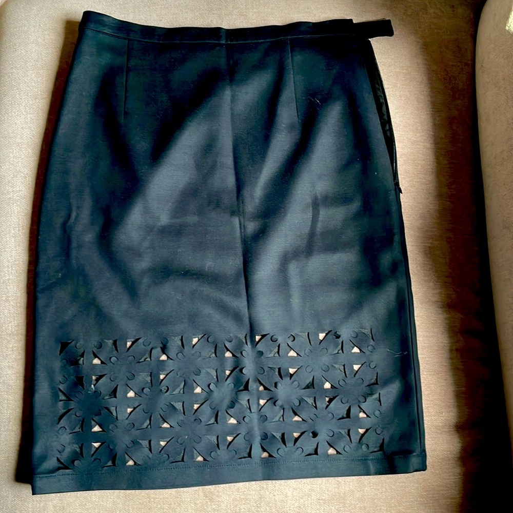 Tibi black laser cut hem straight skirt